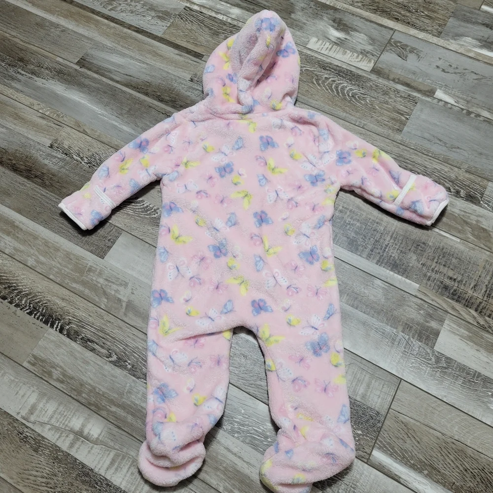New Baby Girl Soft Sherpa Long-Sleeve Hooded Jumpsuit Pink Butterfly 6/9 Months